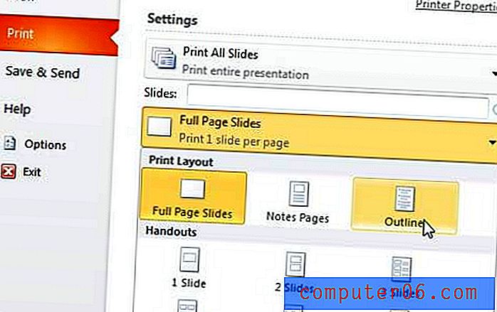 Как да отпечатате контур от Powerpoint 2010