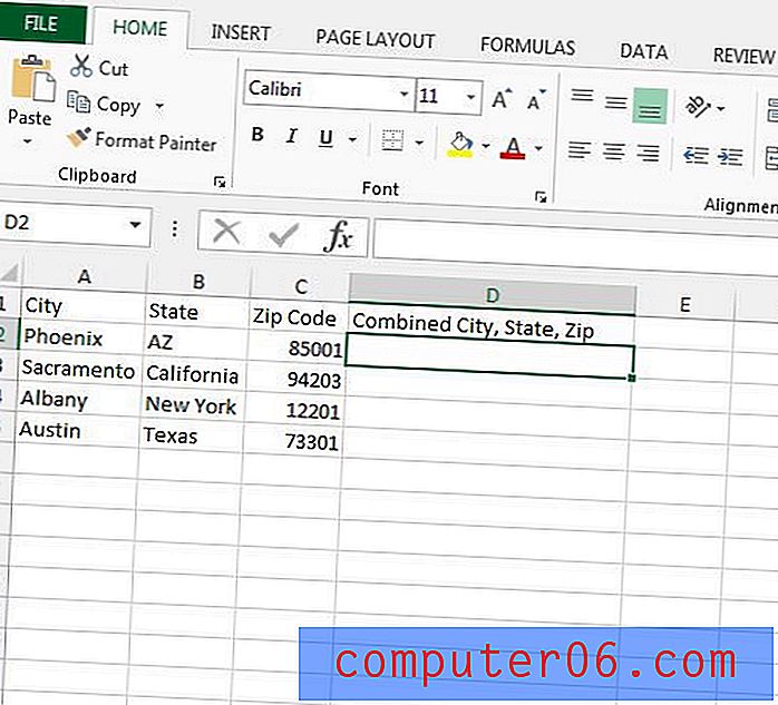 Trīs kolonnu apvienošana vienā programmā Excel 2013