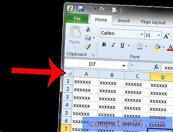 Kā atlasīt visas šūnas Excel 2010 izklājlapā